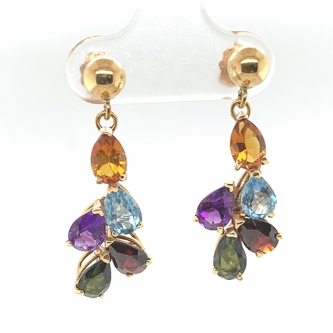 14K Gold Earrings with Pear Shaped Citrine, Garnet, Tourmaline, Blue Topaz, and Amethyst   j7670